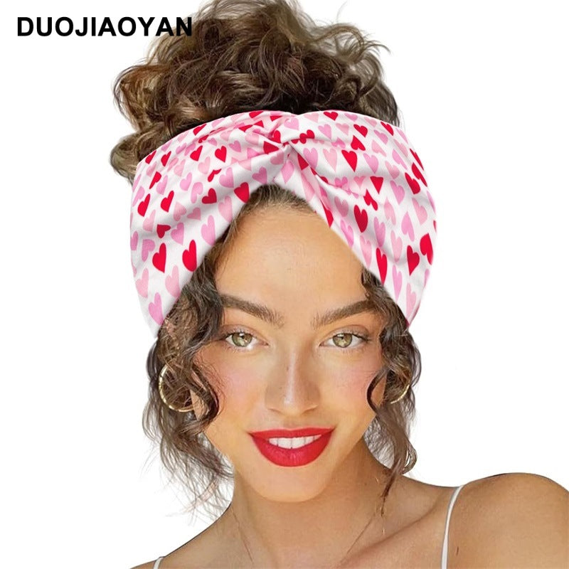 Wholesale Valentine's Day Printed Heart Elastic Cross Hairband