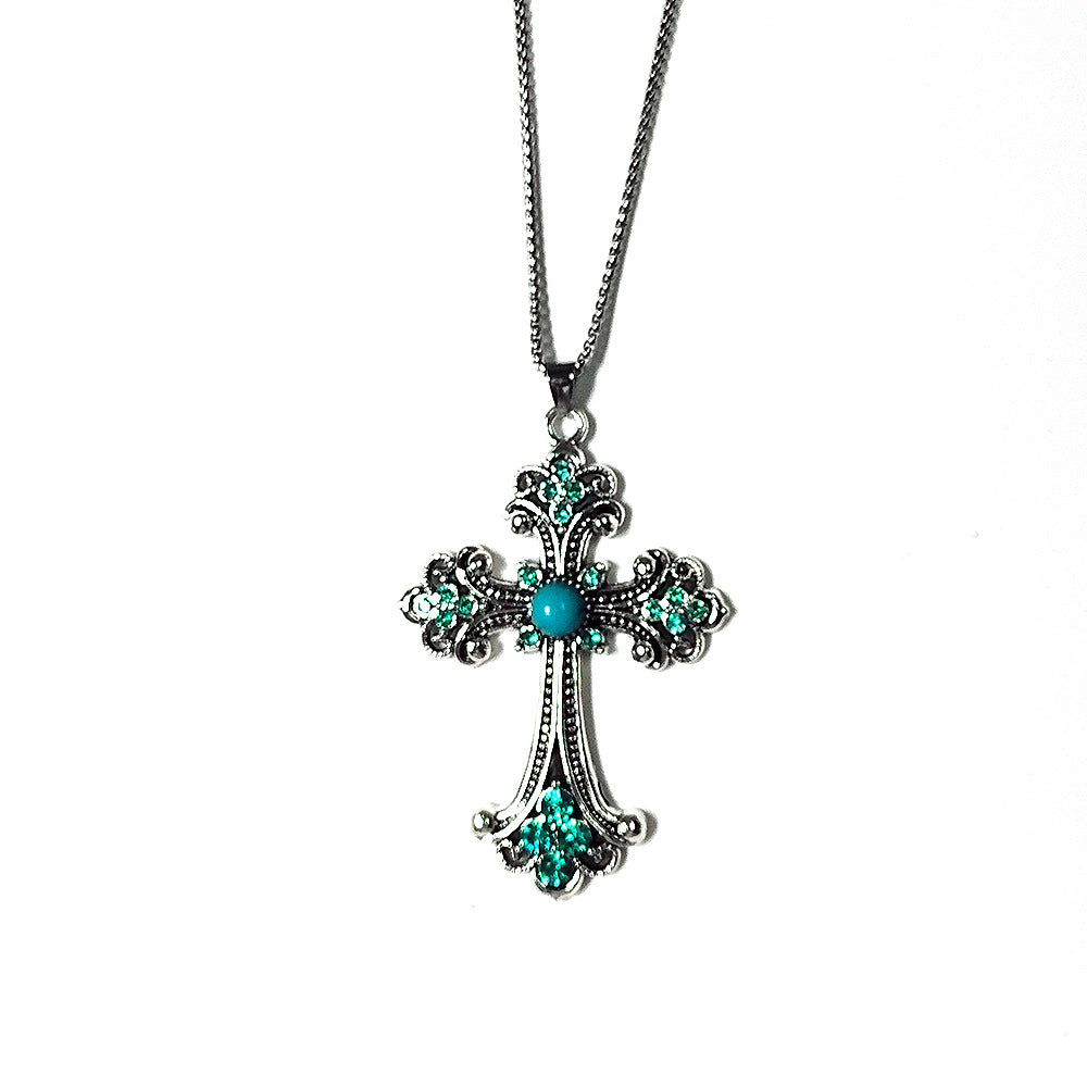 Wholesale Vintage Flash Diamond Turquoise Cross Large Necklace