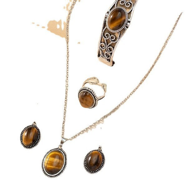 Wholesale Ethnic style four-piece natural stone tiger eye stone necklace earrings ring bracelet jewelry set