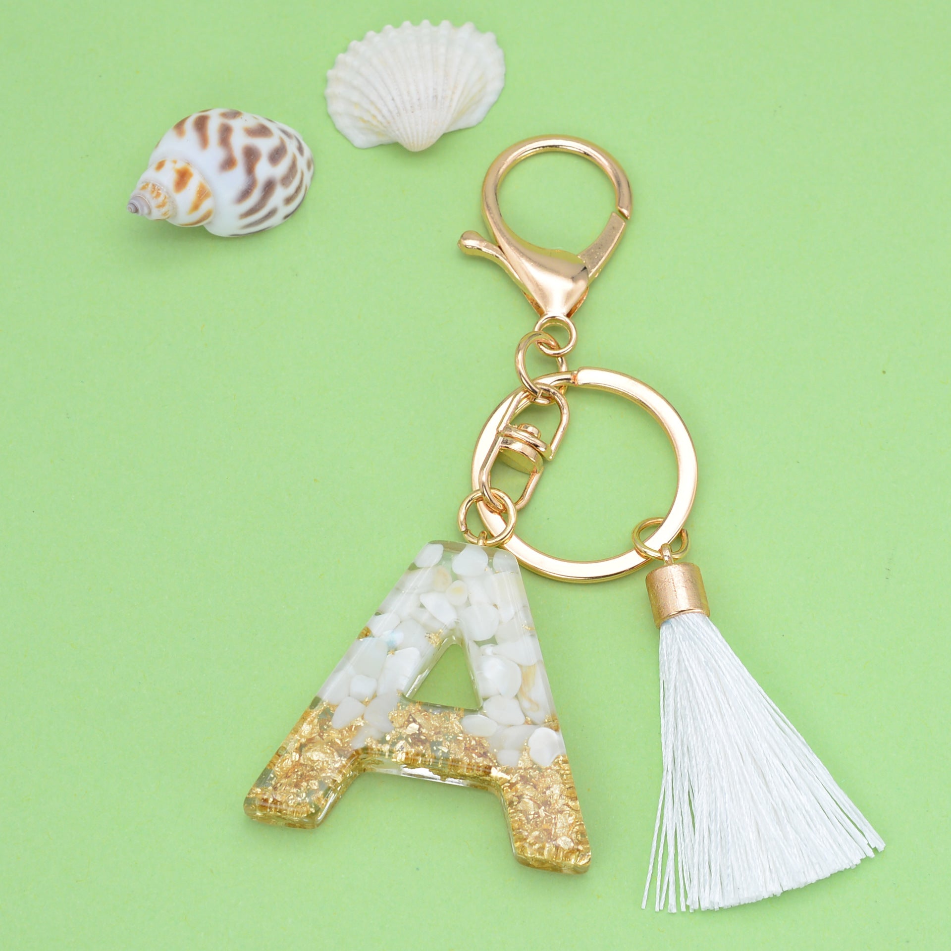 Wholesale White Tassel 26 Letter Crystal Resin Keychain