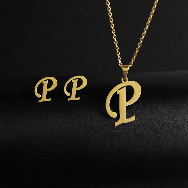 Wholesale Stainless Steel 26 Letter Necklace Earrings Two Piece Set