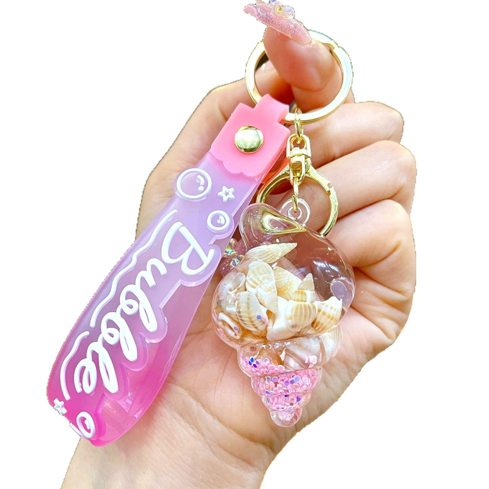 Wholesale Colorful flowing sand seashell DIY insert oil keychain