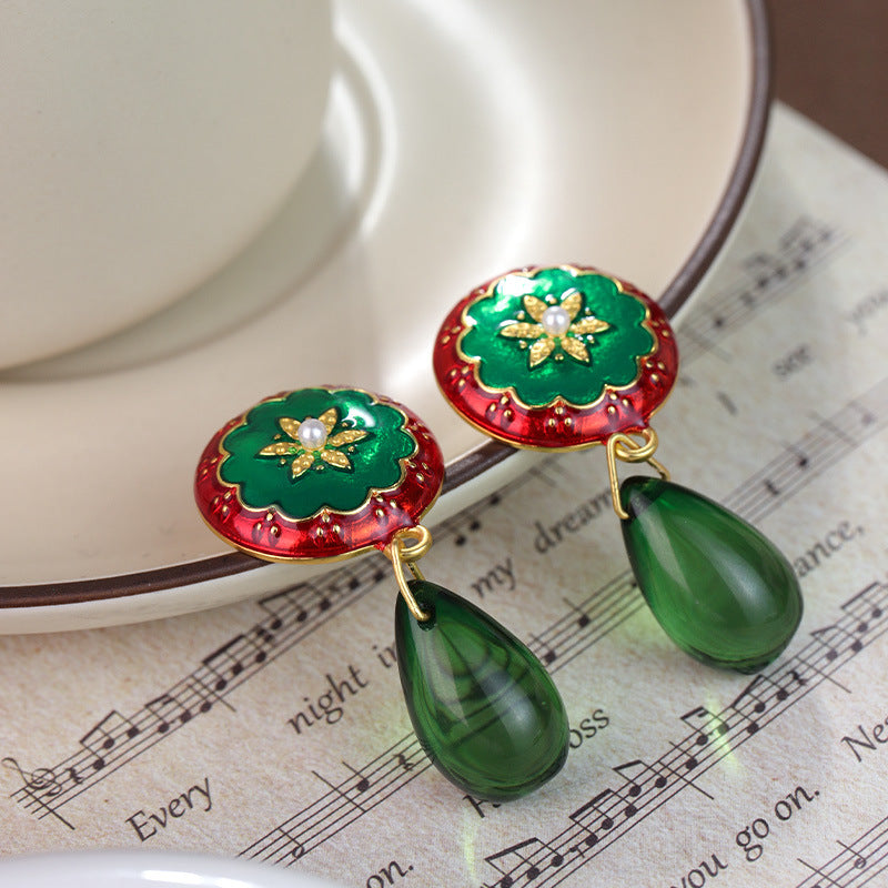 Wholesale French Medieval Style Red Oil Drop Retro Flower Earrings