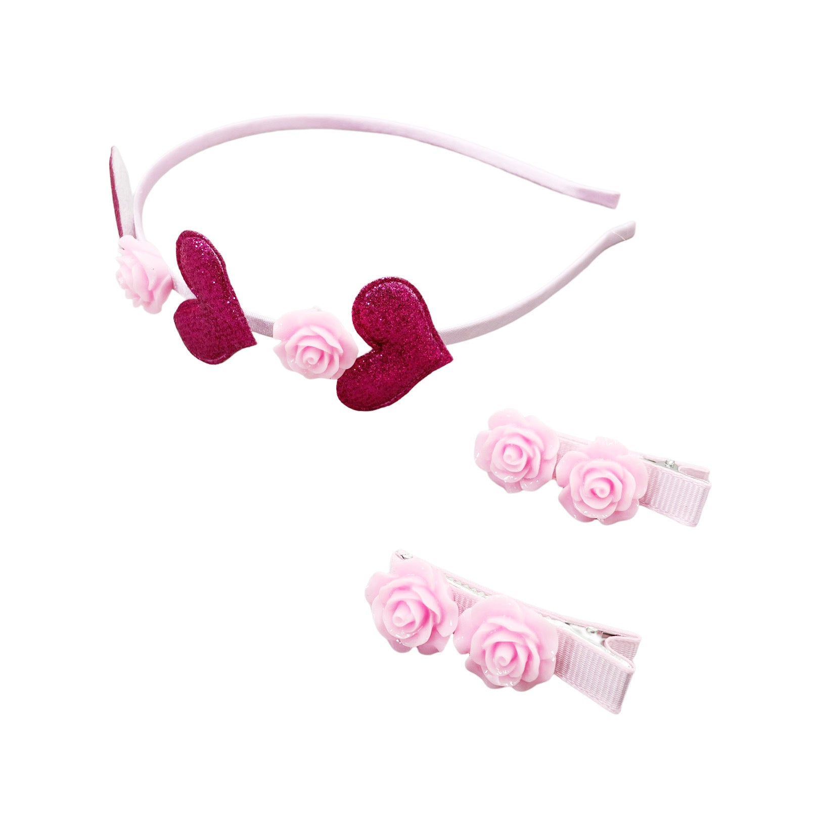 Wholesale pink love headdress suit Valentine's Day Sequined Love headband children's resin rose hairpin hair accessories