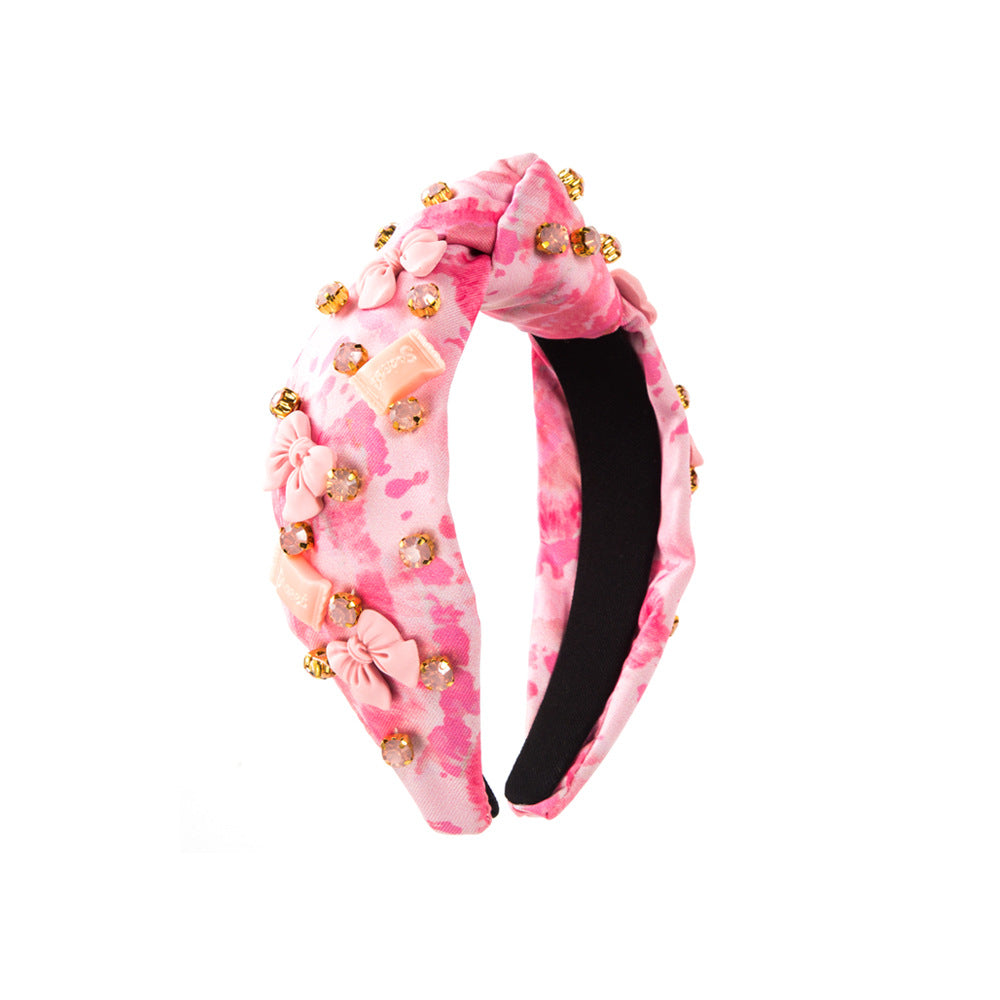 Wholesale Tie Dyed Fabric Inlaid with Diamonds, Flower Bows, Valentine's Day Headbands