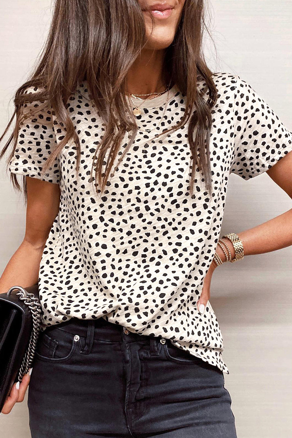 Wholesale Leopard Point Round Neck Pullover Loose Casual Short Sleeves