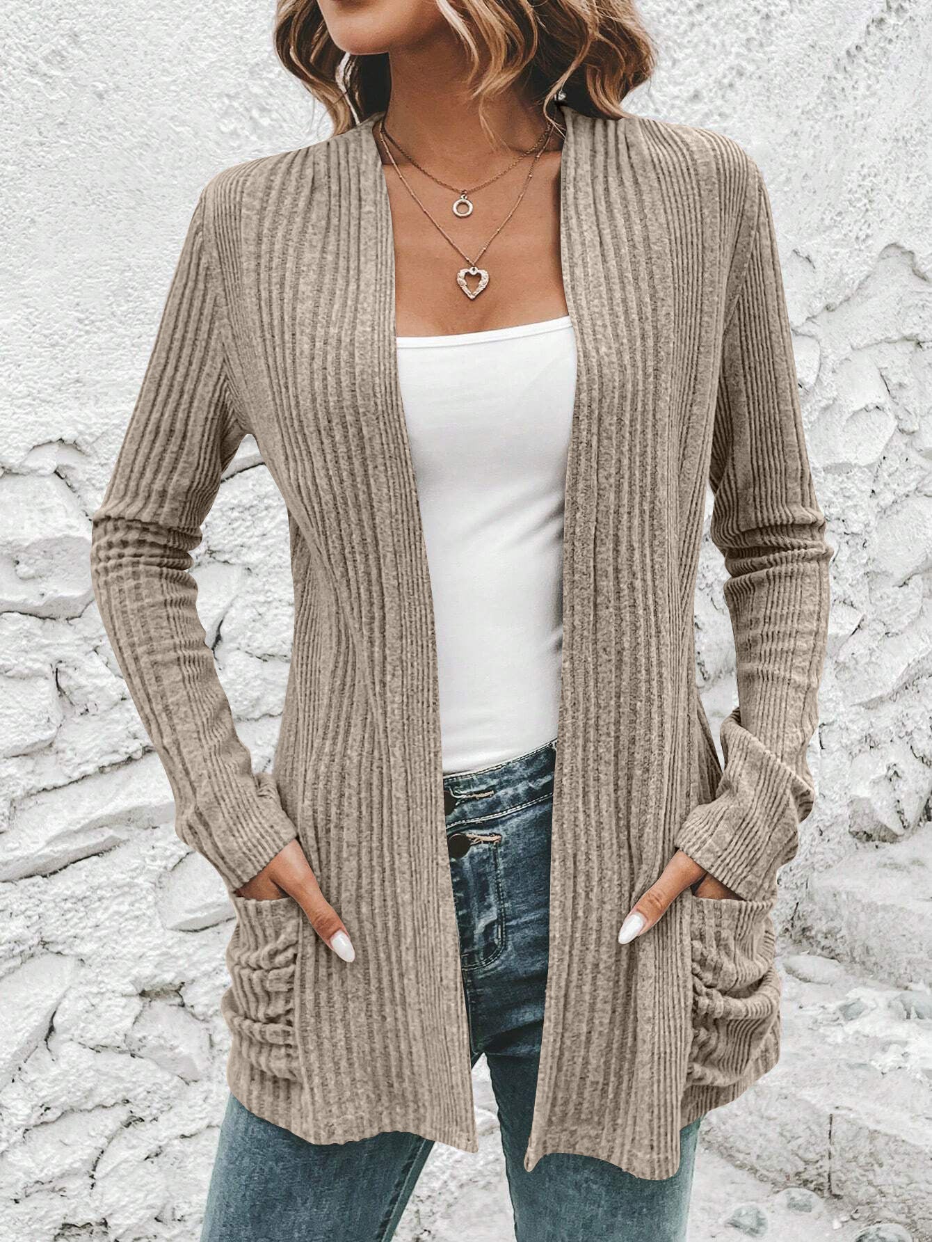Wholesale Polyester European and American Autumn and Winter New Style Long-sleeved Solid Color Mid-length Knitted Cardigan Pocket Coat Sweater for Women