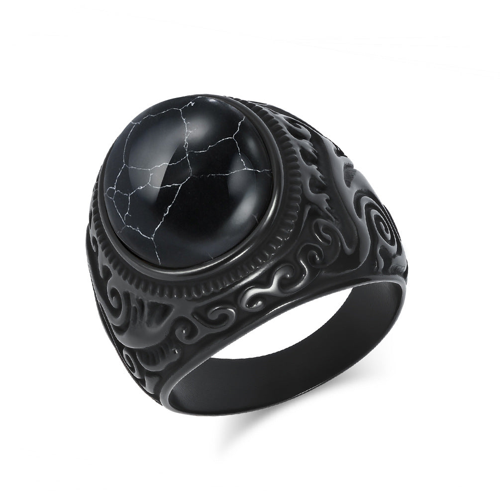 Wholesale Vintage carved flower inlaid tiger eye gemstone Stainless steel ring