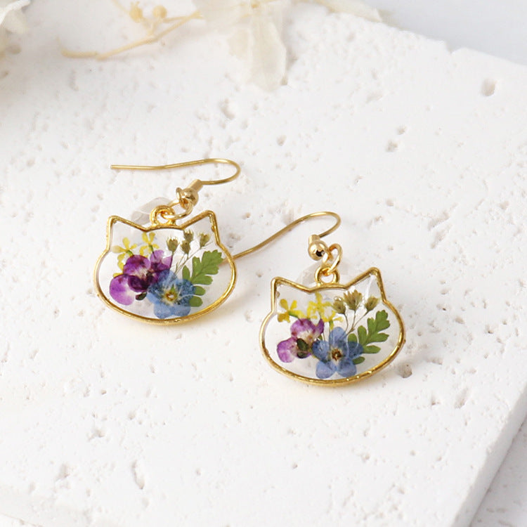 Wholesale New cat head flower earrings color real flower glue French earrings eternal flower jewelry cute gift
