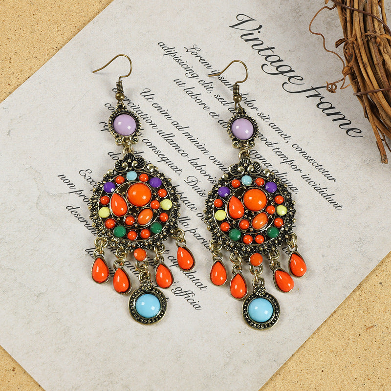 Wholesale Alloy Electroplated Retro Tassel Earrings For Women Ethnic Contrast Color Long Earrings Vacation Style Fashion Accessory