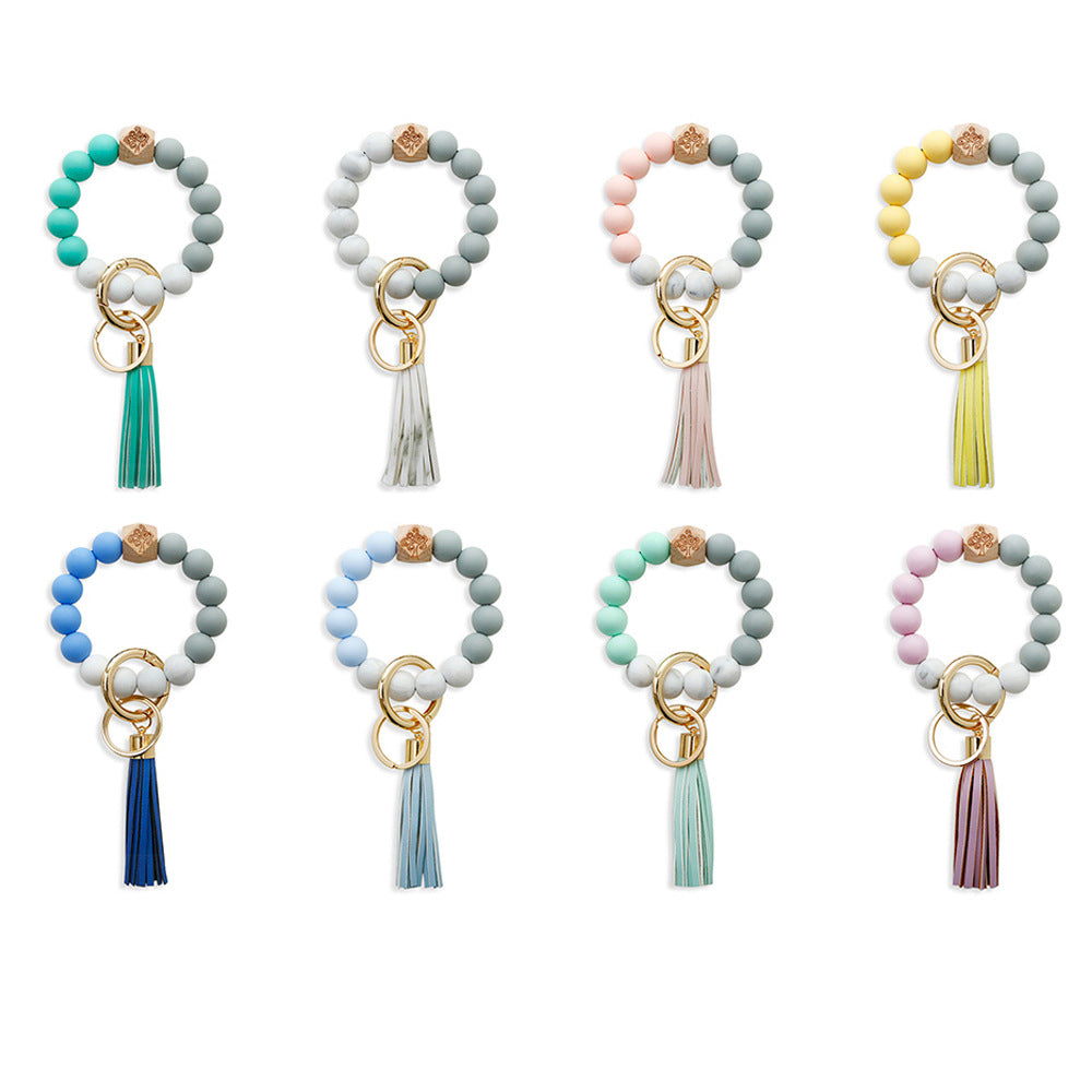 Wholesale PU Leather Food Grade Silicone Beads Tassel Wrist Keychain