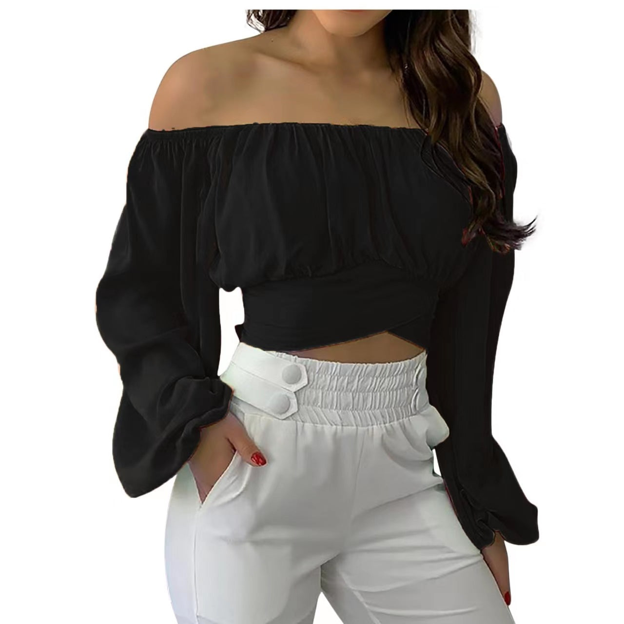 Wholesale Off-the-shoulder Cross-Strap Long-Sleeved Top