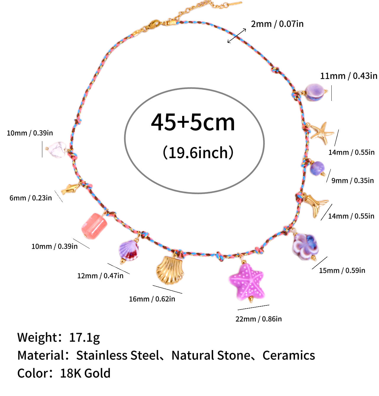 Wholesale Ocean Series Natural Stone Pendant Colorful Braided Necklace Titanium Steel Pendant