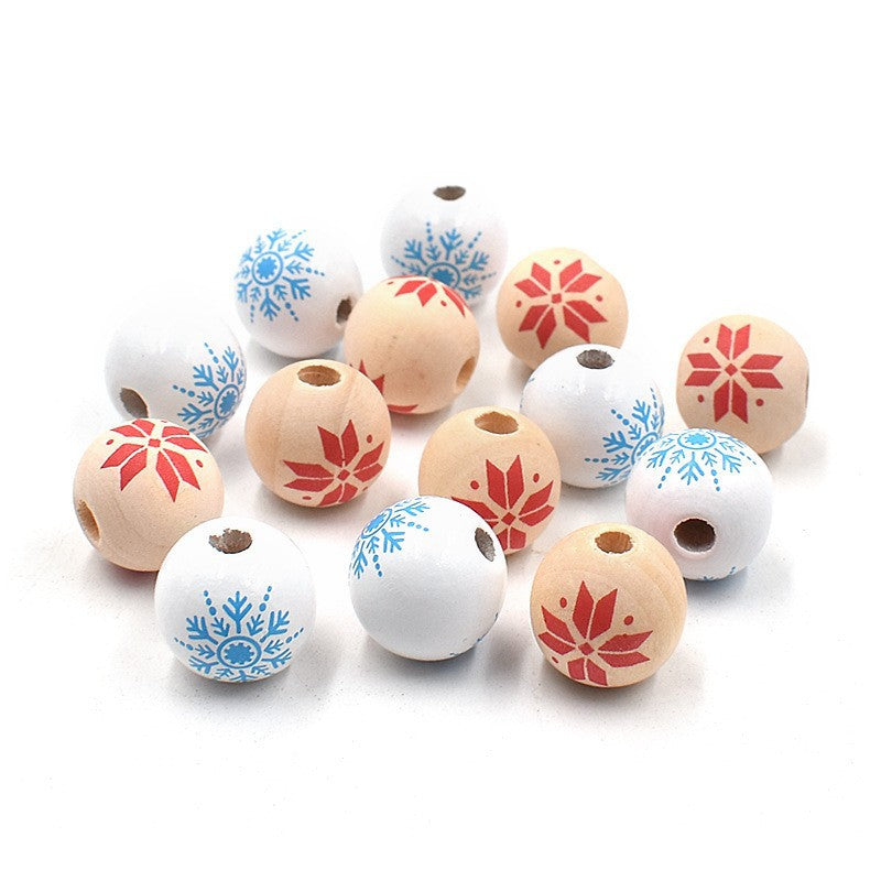 Wholesale 10pcs  Christmas Snowflake Wood Beads 16MM Colorful Printed Beads  Wood Beads