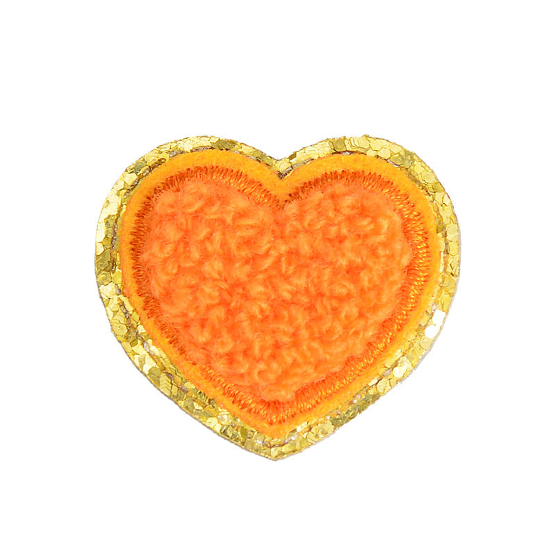 Wholesale Self Adhesive Towel Embroidery Patch Orange Heart With Gold Edge DIY Accessory For Hats Bags Shoes Decorative Accent