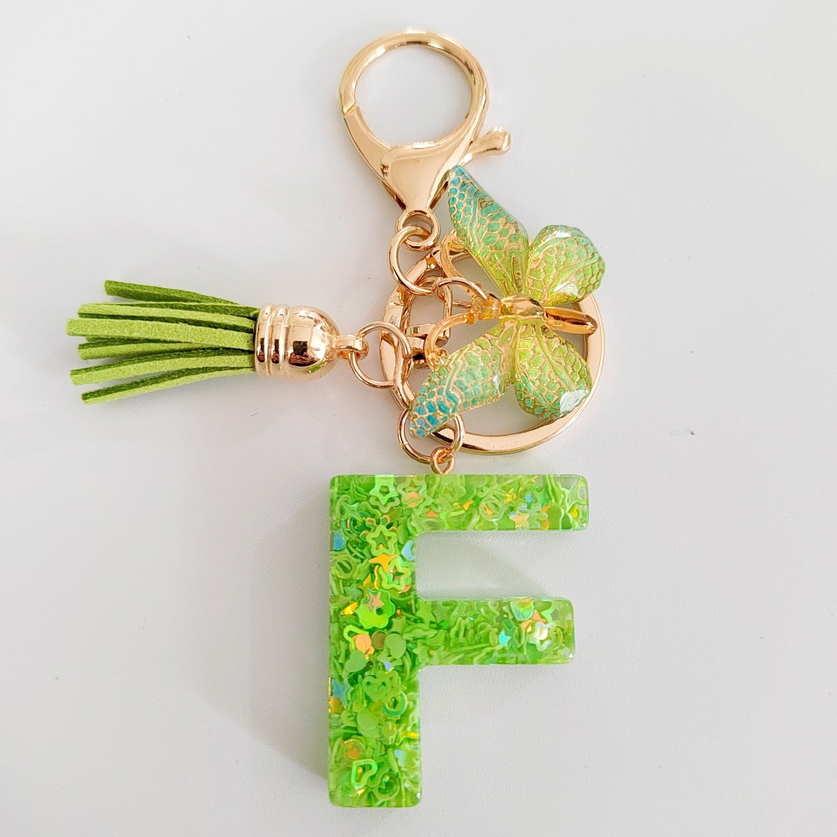 Wholesale 26 English Alphabet Keychain Pendant Green Star Glitter Resin Pendant  Key Chain