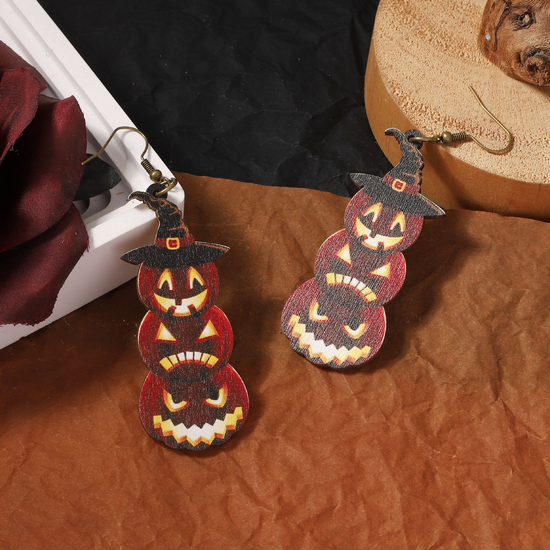 Wholesale Vintage Halloween Wooden Printed Skull Earrings