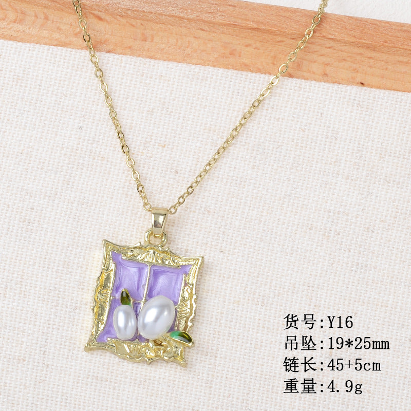 Wholesale retro oil painting style baroque pearl flower alloy necklace