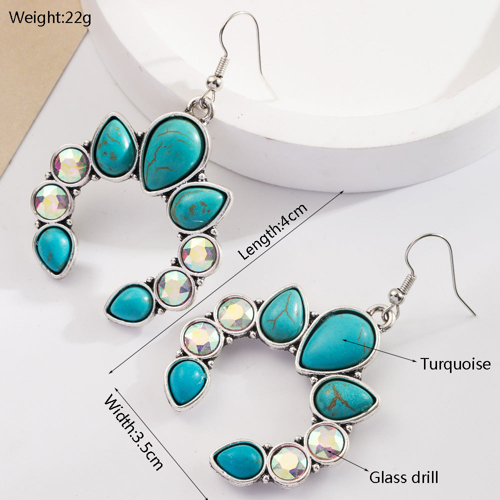 Wholesale Retro Geometric Creative Alloy Inlaid Turquoise Color Diamond Bohemian Earrings