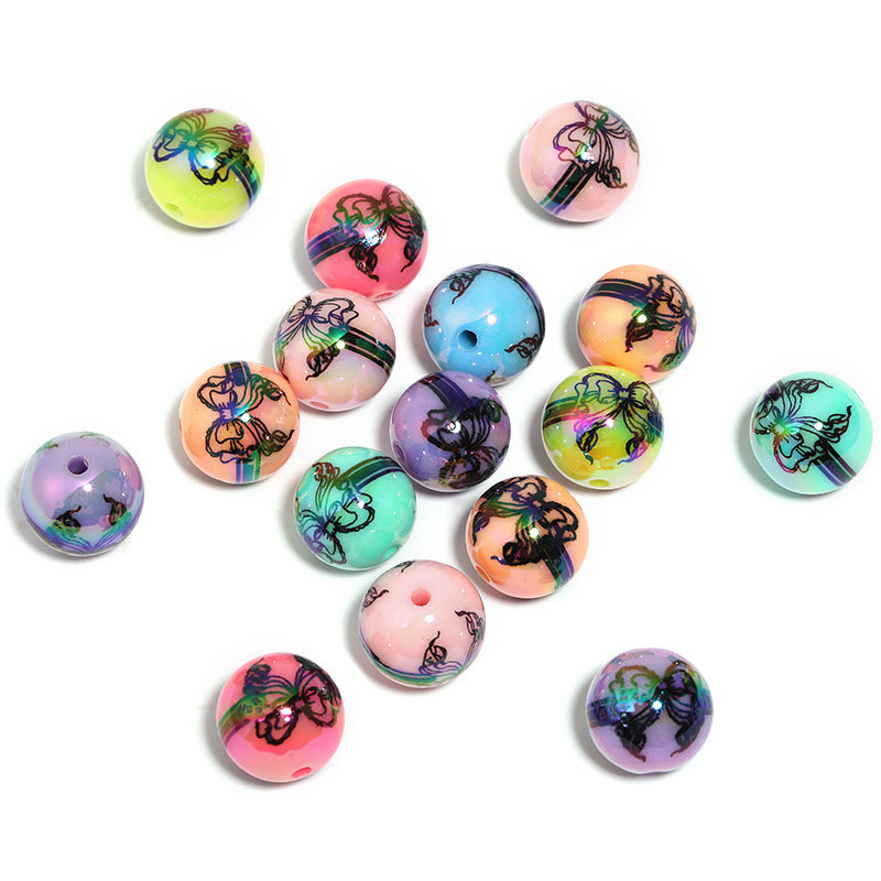 Wholesale 100pcs Ribbon Bow Print UV Electroplated Solid Color Acrylic Beads