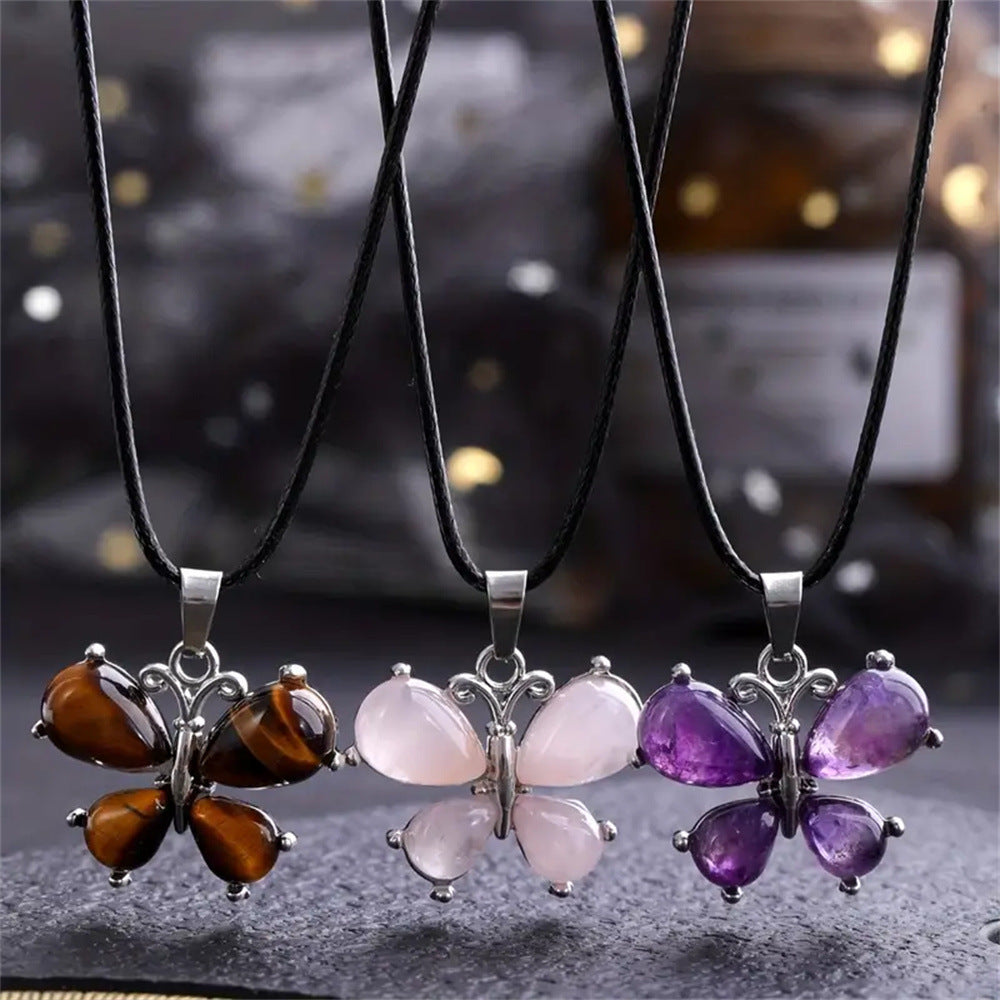 Wholesale Butterfly pendant amethyst tiger eye stone necklace