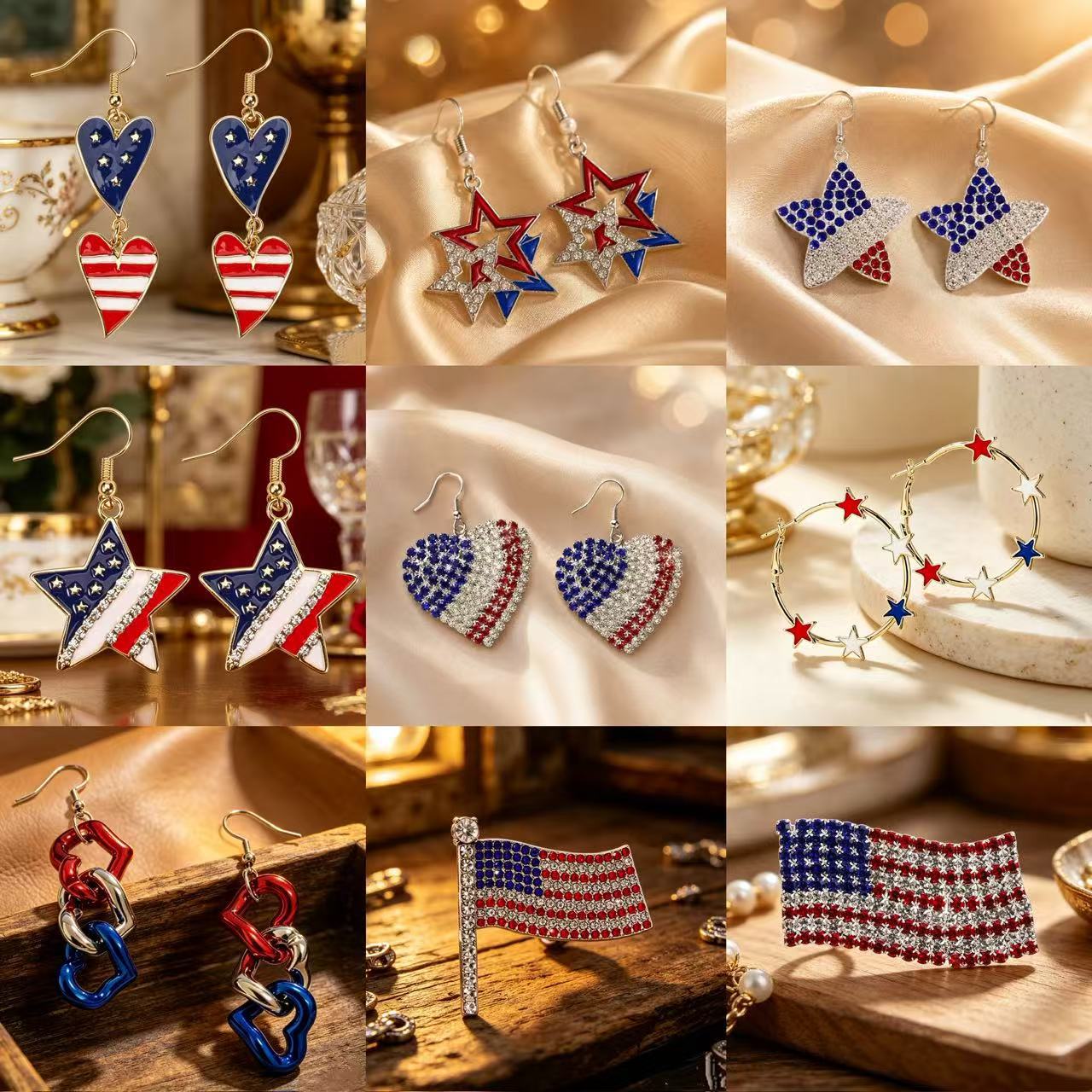 Wholesale Patriotic Star Heart Earrings For Women Red White Blue Rhinestone Alloy Independence Day Fashion Jewelry Accessory Gift