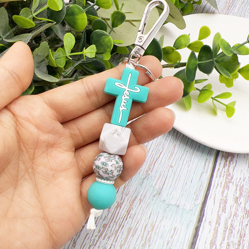 Wholesale Cross Silicone Beaded Keychain Cross Charm Bracelet Keyring Bag