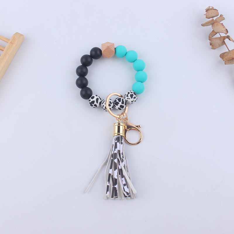 Wholesale Silicone Leather PU Short Tassel DIY Leopard Beaded Bracelet Keychains