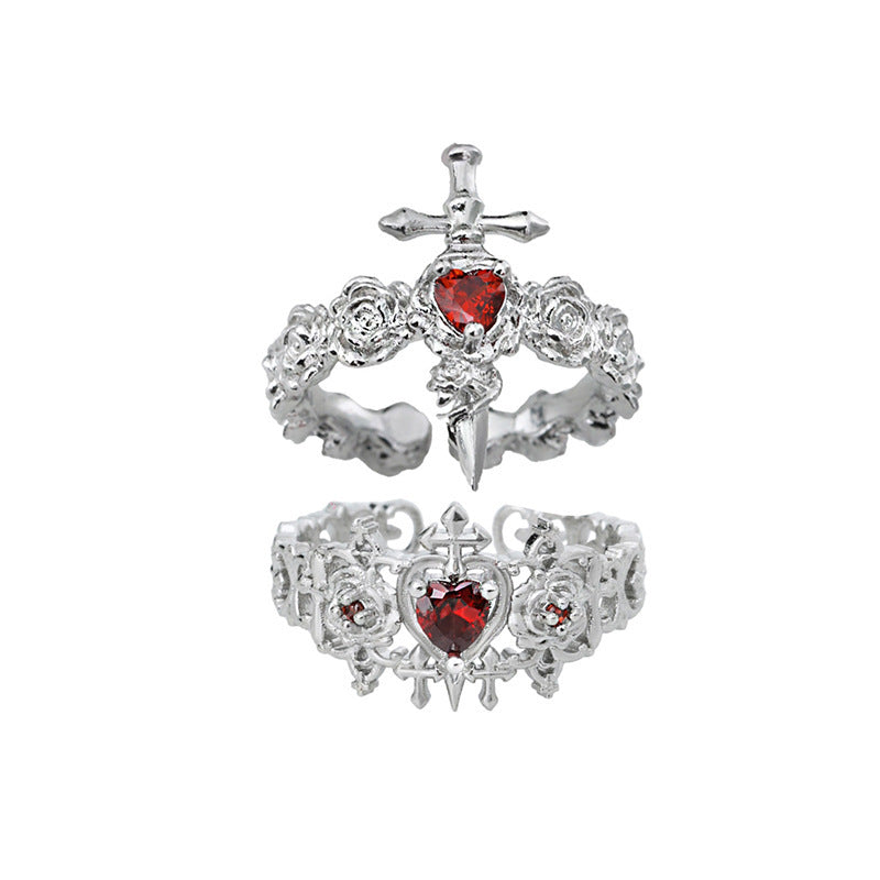 Wholesale Gothic dark style rose cross heart open ring