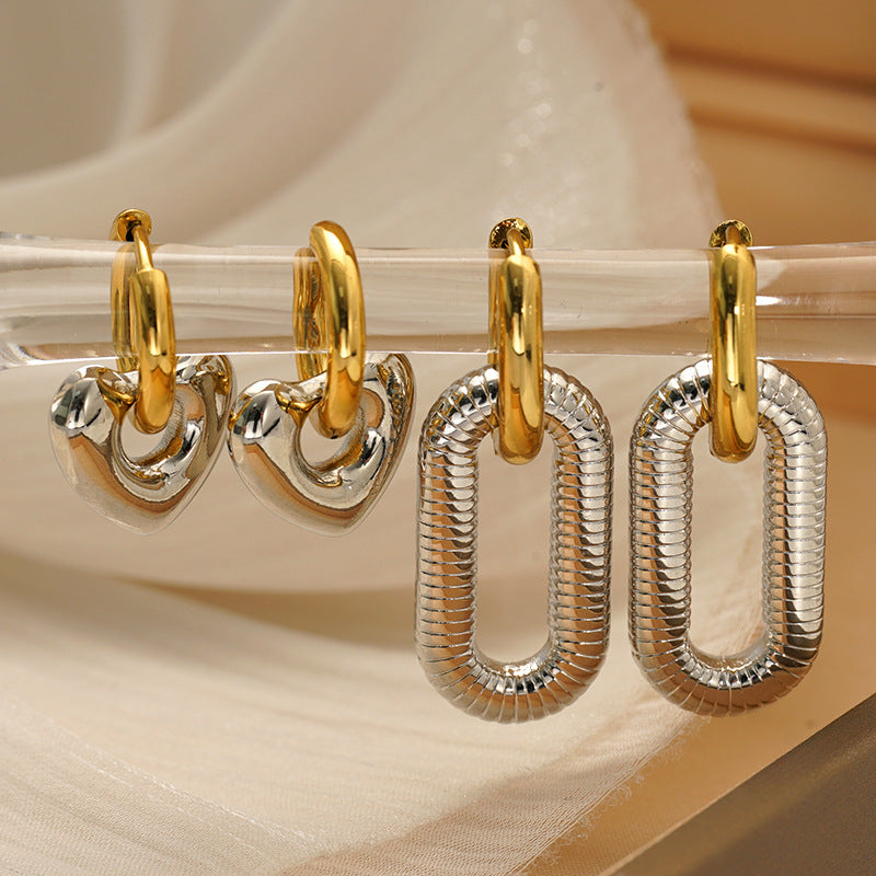 Wholesale Detachable Color-Blocked Peach Heart Threaded Oval Stainless Steel Earrings