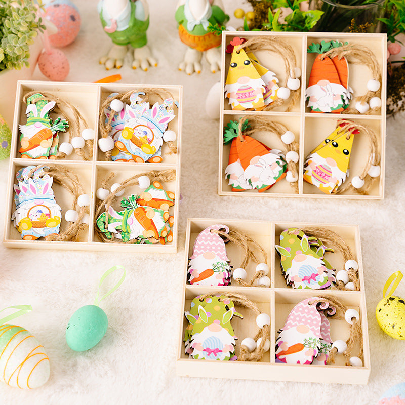 Wholesale Easter 4-grid Wooden Boxes with Wooden Dwarf Radish Pendant Decorations