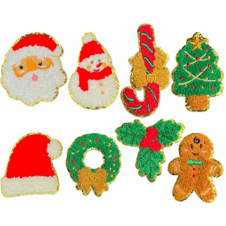 Wholesale Christmas  Gold Edge Chenille Embroidered Patches Self Adhesive Clothing Accessory For Coats Party Craft Supply