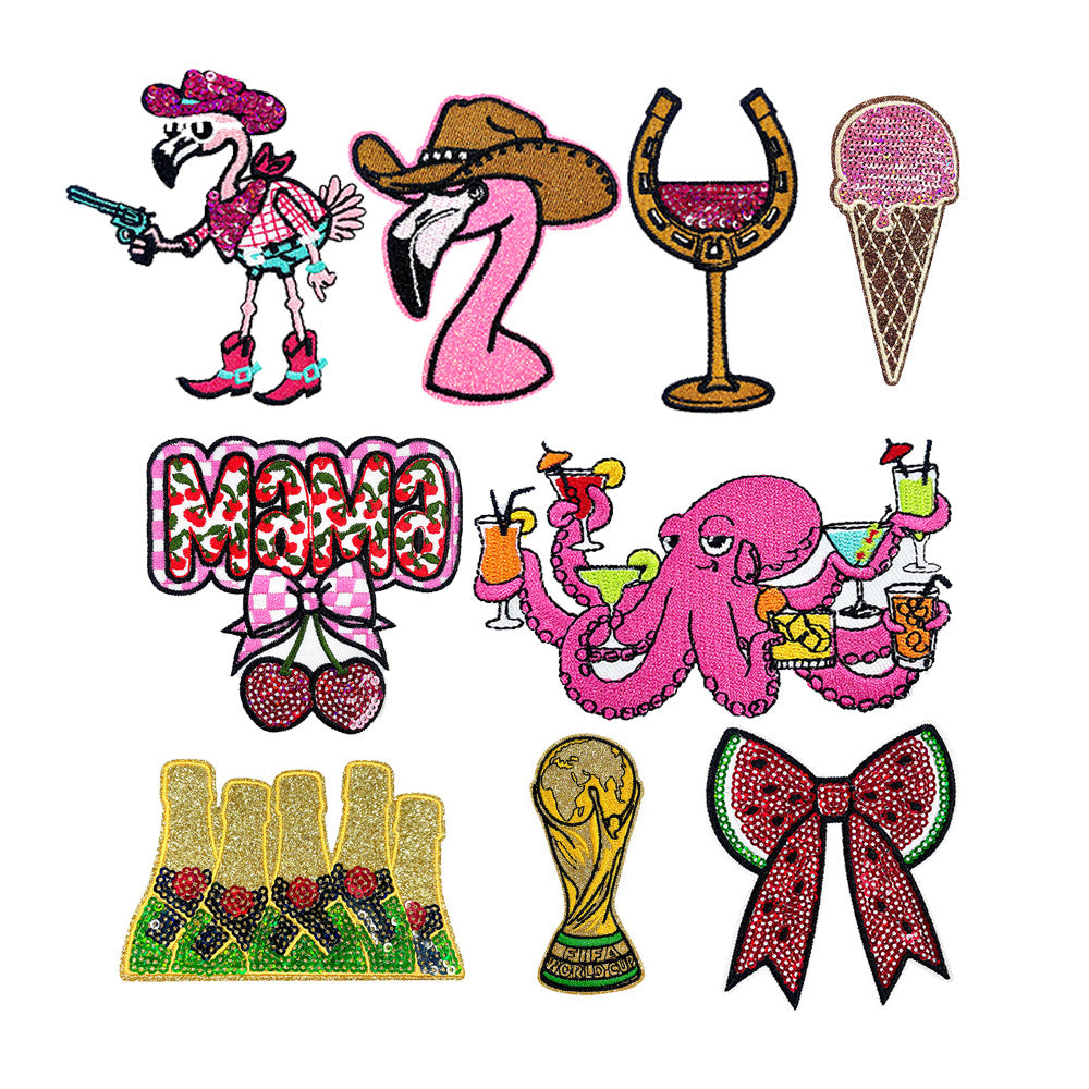 Wholesale Iron On DIY Embroidery Patches Flamingo Ice Cream Octopus Trophy Bow For Clothing Fashion Accessory
