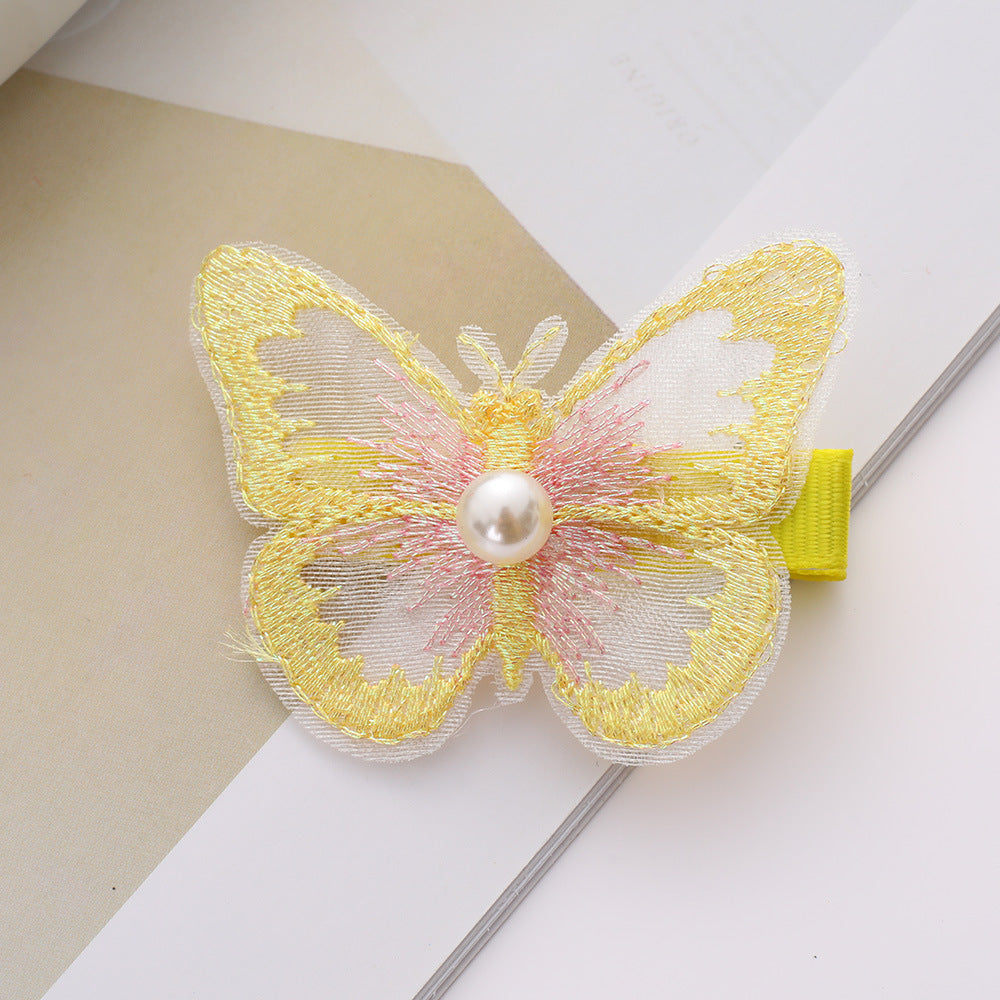 Wholesale fairy cute bangs clip phantom color double organza embroidery butterfly hair clip