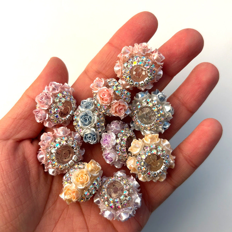 Wholesale 10pcs Pearlescent Camellia Rose with Diamond Acrylic Beads