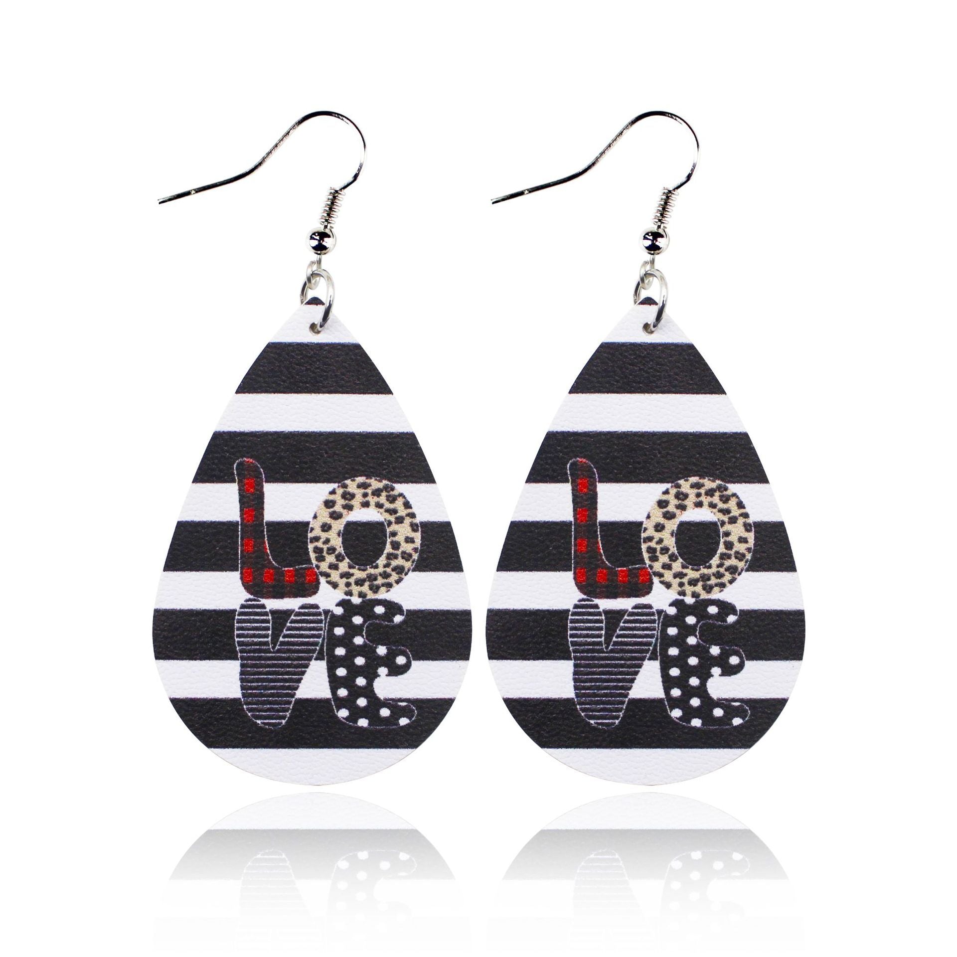 Wholesale Valentine's Day Love Romantic Polka Dot Stripe Printed Water Drop Leather Earrings