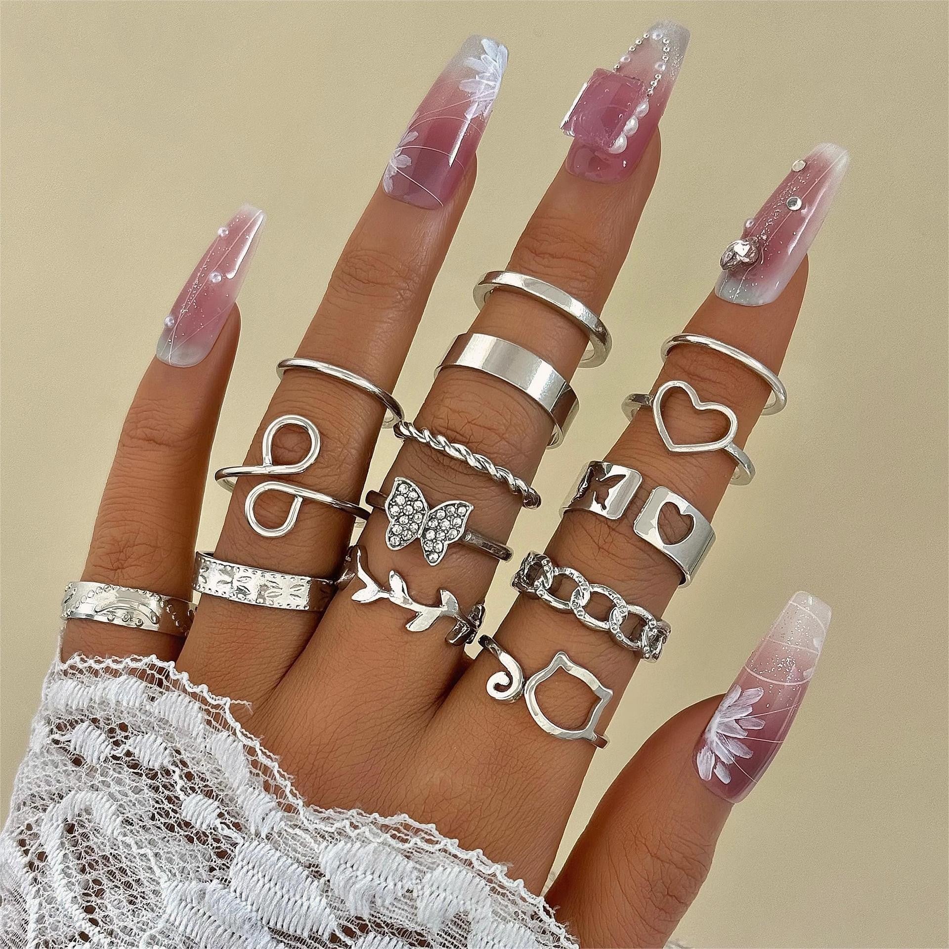 Wholesale Retro Butterfly Flower Moon Ring Punk Snake Stacking Joint Ring Set