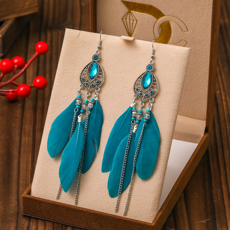 Wholesale Waterdrop Feather Retro Dot Diamond Chain Small Fresh Earrings