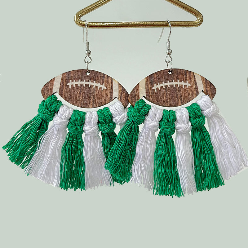 Wholesale 2 Pairs/pack Sports Woven Tassel Rugby Football Cheerleaders Wooden Drop Earrings