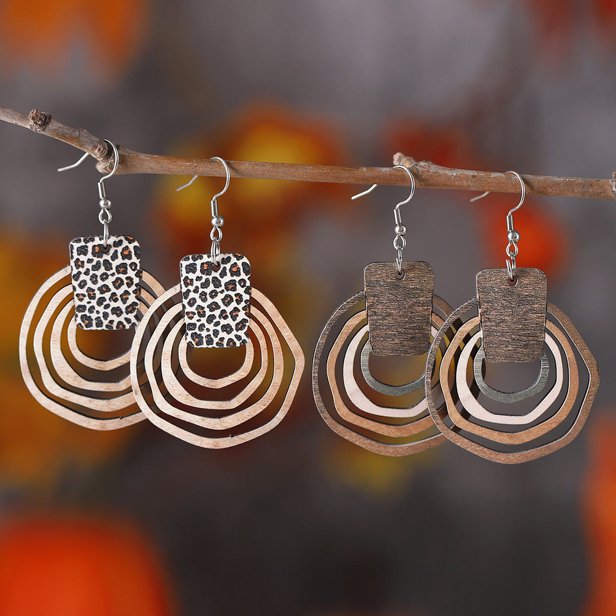 Wholesale Bohemian Gradient Hollow Pendant Wooden Double-sided Earrings