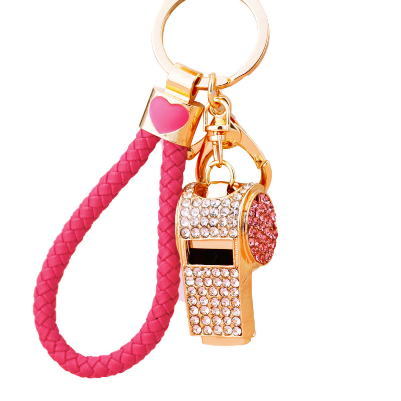 Wholesale Trendy Pink Metal Whistle Keychain With Leather Rope Rhinestone Chic Car Key Accessory Gift For Referee Boutique Resale
