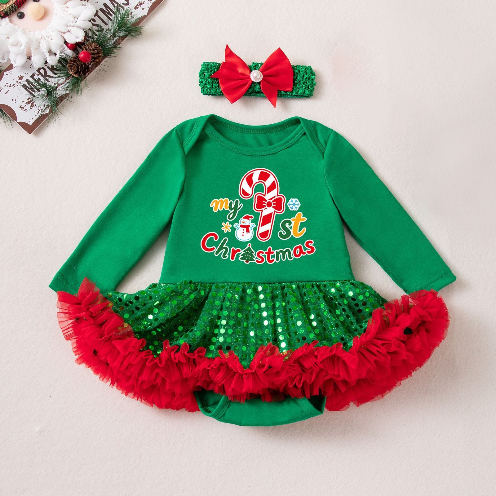 Wholesale Red Long Sleeve Sequin Tulle Baby Girl Christmas Dress Set With Hairband Leg Warmers Boutique Holiday Outfit