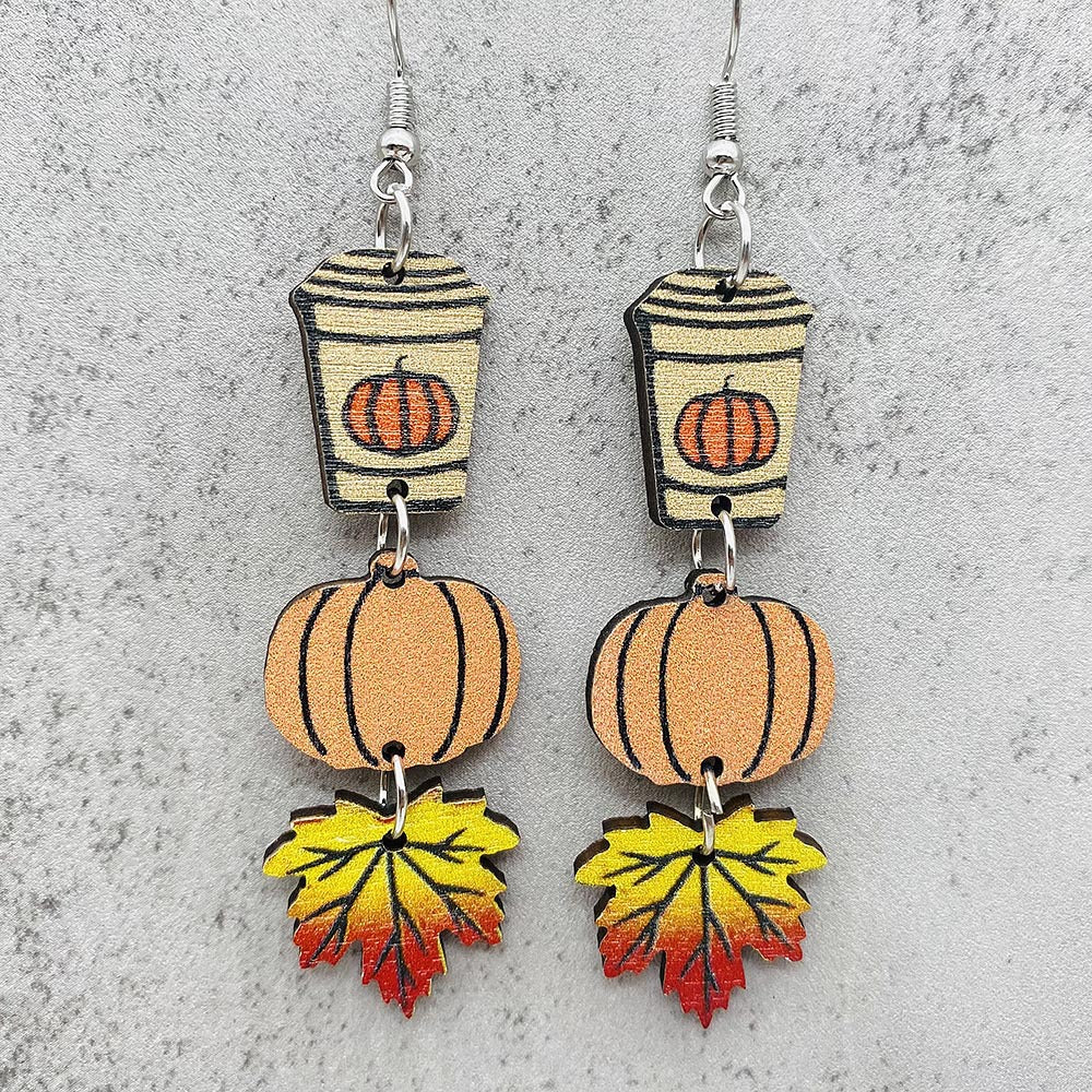 Wholesale Thanksgiving Pumpkin Maple Leaf Coffee Cup Wooden Earrings Halloween Earrings