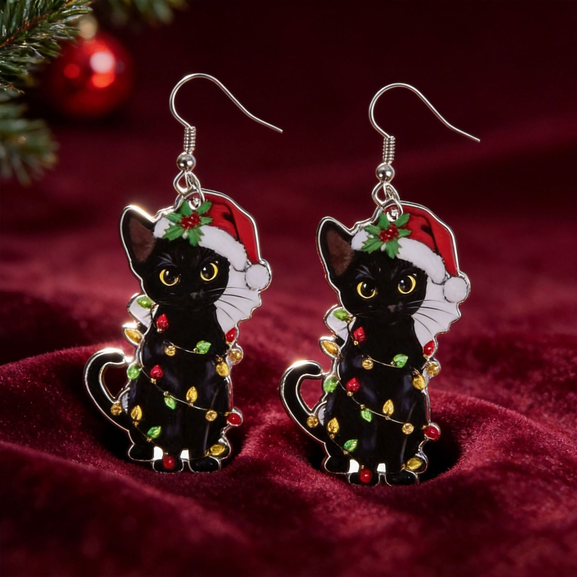 Wholesale Cute Black Cat Earrings With Christmas Hat And Colorful Lights Acrylic Jewelry Accessory For Holiday Party