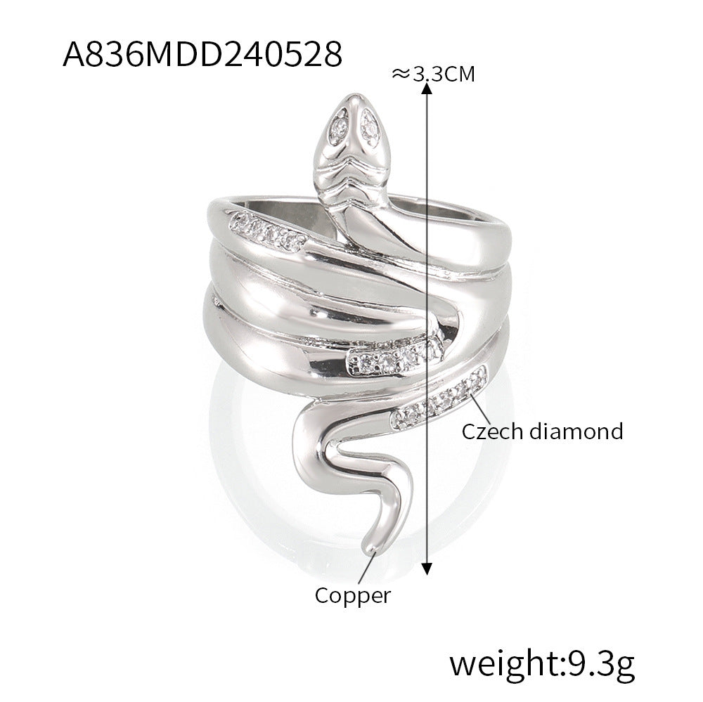 Wholesale Popular Copper Plated Real Gold Diamond Snake Ring for Couple Niche All-match Personalized Ins Opening Light Luxury Ring