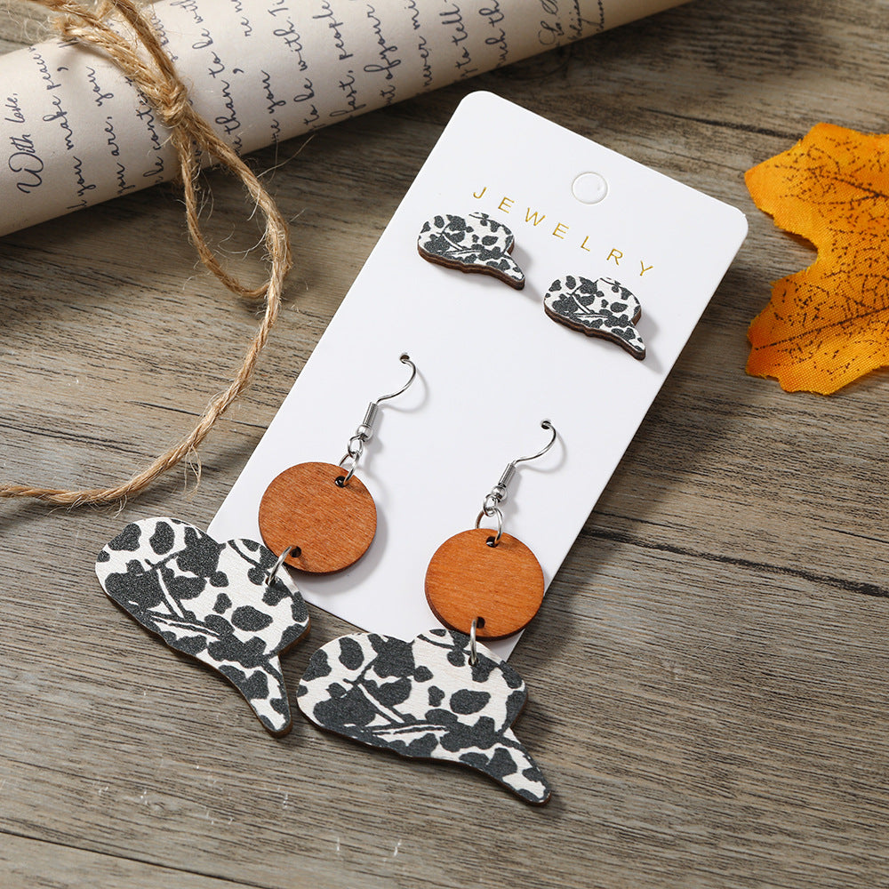 Wholesale Western Style Cow Pattern Cowboy Hat Wooden Earrings