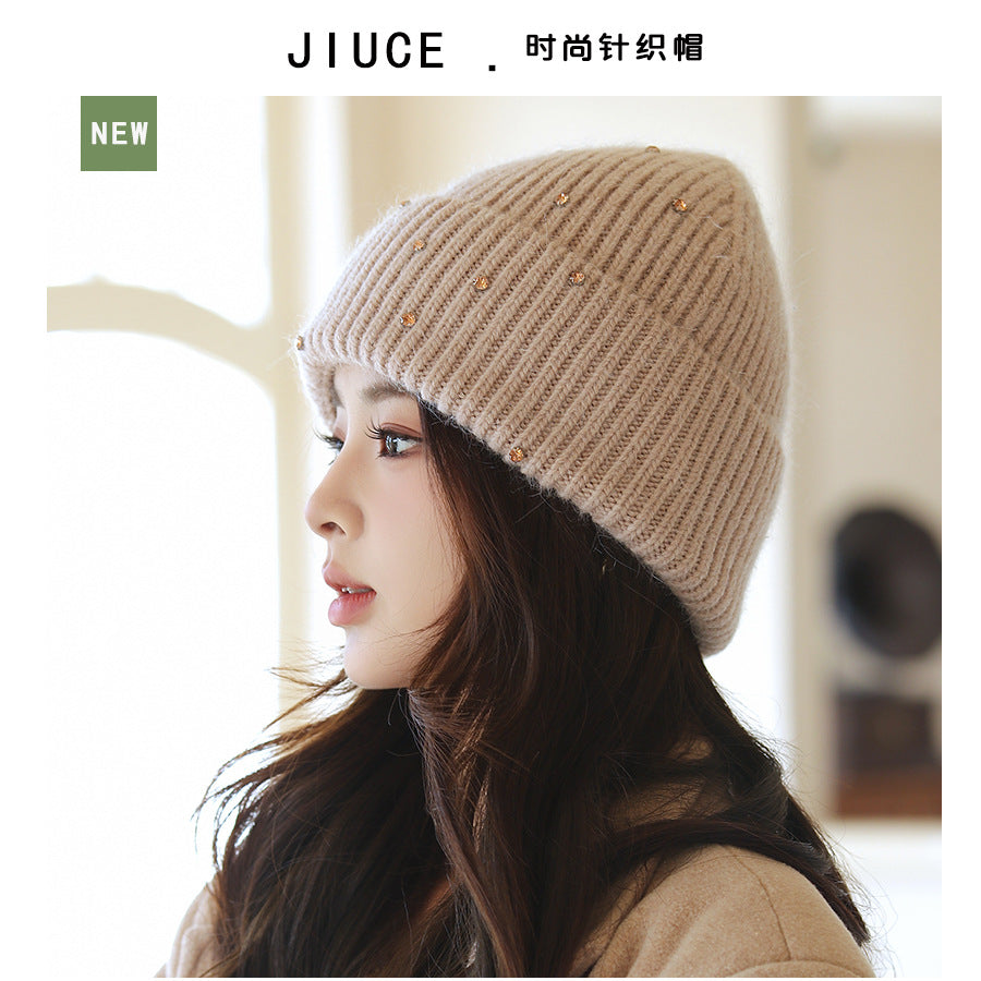 Wholesale Valentine's Day Winter Colorful Diamond Rabbit Fur Knitted Hat Thickened Warm Hat