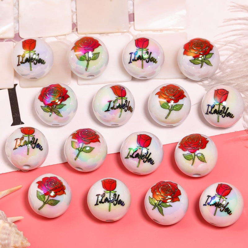 Wholesale 100PCS Valentine's Day Rose Printed Round Beads Acrylic Solid Color Plated DIY Beads