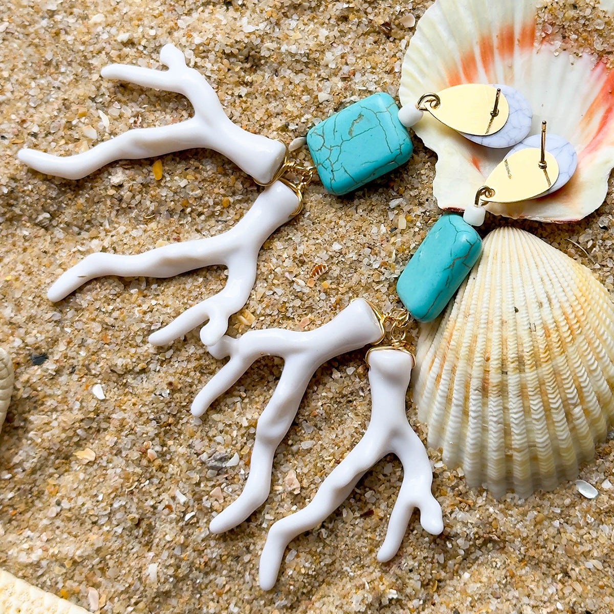 Wholesale 2PCS/Pack Bohemian turquoise earrings Geometric acrylic coral pendant earrings