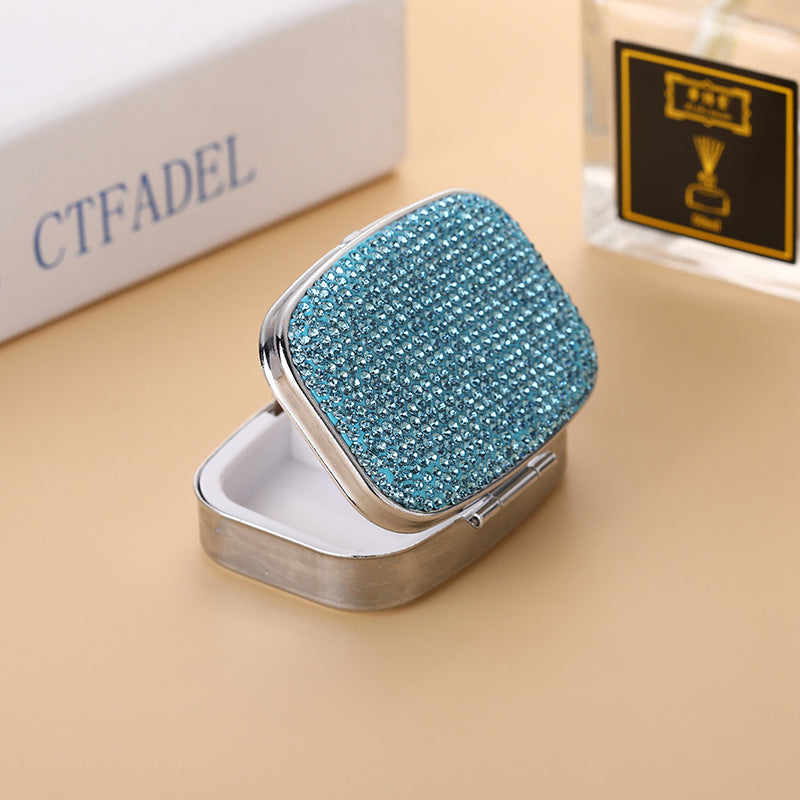 Wholesale Metal Diamond-encrusted Two-compartment Medicine Box, Portable with Mirror